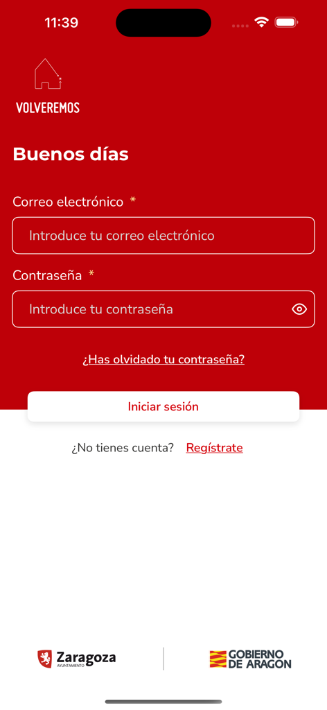 Login screen of the Volveremos app showing email and password input fields on a red background