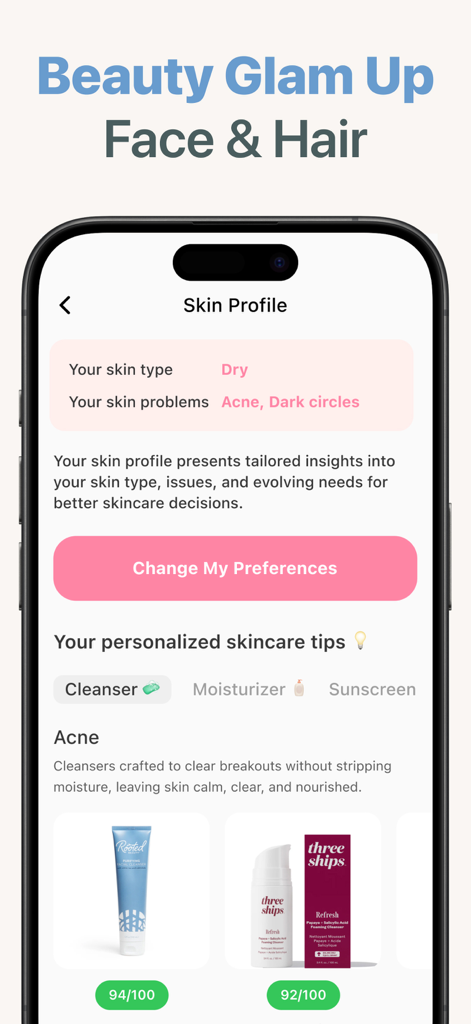 Mobile app screen showing a personalized skin profile for dry skin and acne with product safety recommendations.