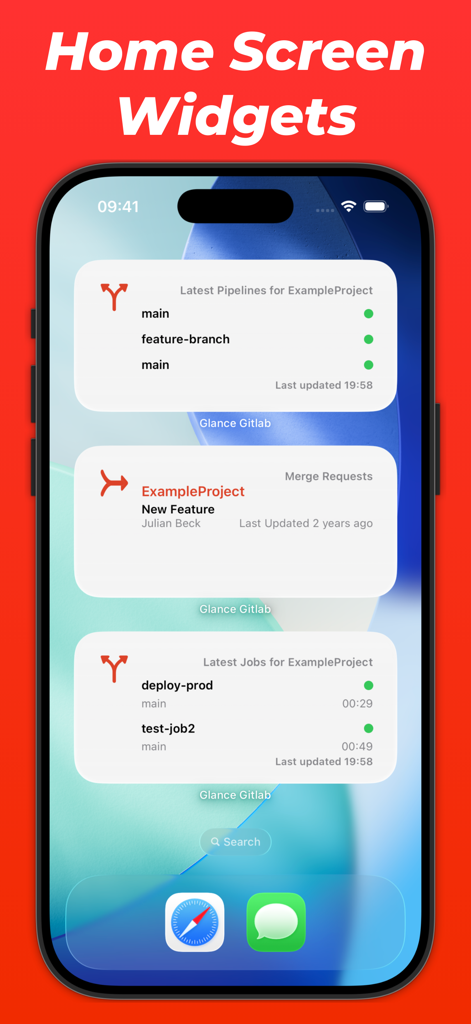 Glance for Gitlab - iPhone showing Glance for GitLab home screen widgets for tracking CI pipelines, merge requests, and job status