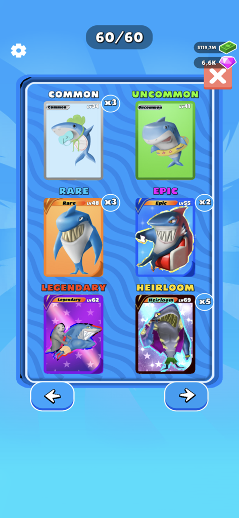 In-game collection screen showing shark cards evolving from Common to Heirloom rarity levels with level indicators
