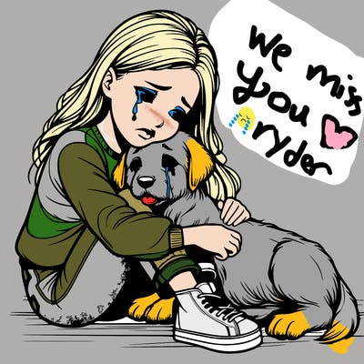 realistic girl crying with a realistic dog laying on her lap