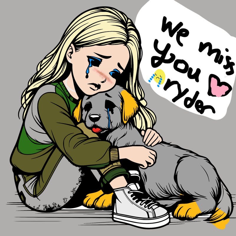 realistic girl crying with a realistic dog laying on her lap