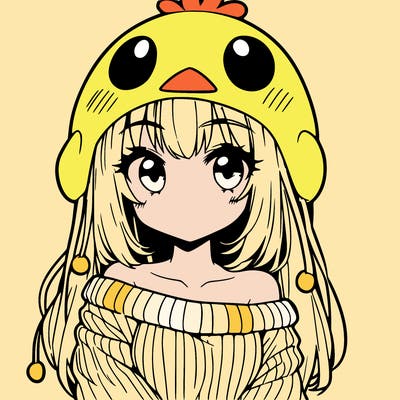 anime girl with chick shaped hat with sweater with bare shoulders with bangs covering them one eye with low tail