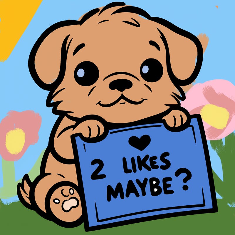 a puppy holding a sign that says 2 likes maybe?