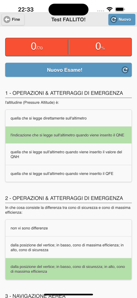 Quiz VDS mobile app interface showing failed exam simulation results and aviation study questions