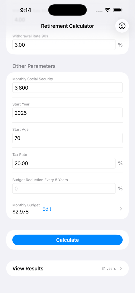 RetireSmart — Retire Planner - Retirement calculator screen in the RetireSmart app showing fields for Social Security, start age, and tax rate.