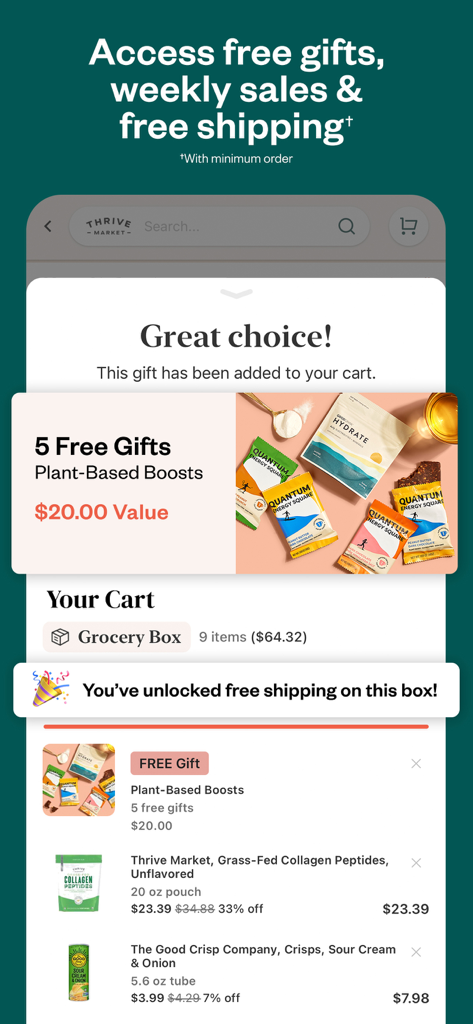 Thrive Market app interface displaying shopping cart with free gifts and free shipping rewards