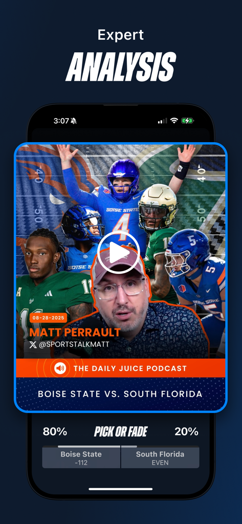 BettingPros: Sports Betting - BettingPros app showing an expert analysis video and pick or fade poll for a college football game.