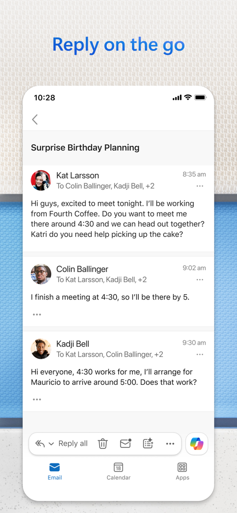 Microsoft Outlook mobile app showing an email thread and the option to reply on the go