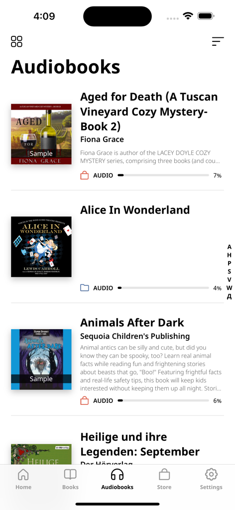 PocketBook Reader - PocketBook Reader app displaying a list of audiobooks with reading progress