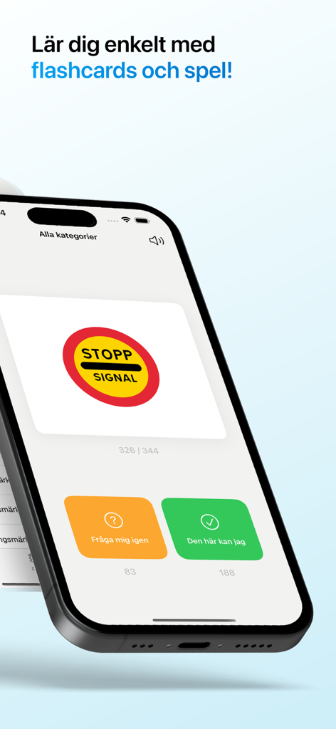 Vägmärken – ta körkort - Mobile app screen showing a road sign flashcard with Swedish traffic theory study options