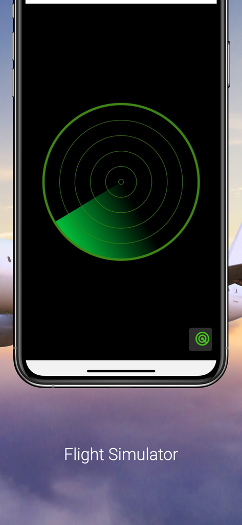 Flight Tracker App - Una pantalla móvil que muestra una interfaz de radar de aviación circular verde con el texto Flight Simulator en la parte inferior.
