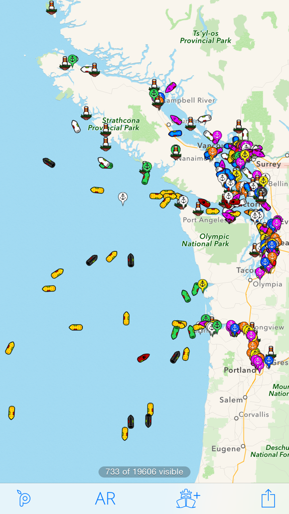 Live vessel tracking map showing ship icons and AIS data on a coastal map