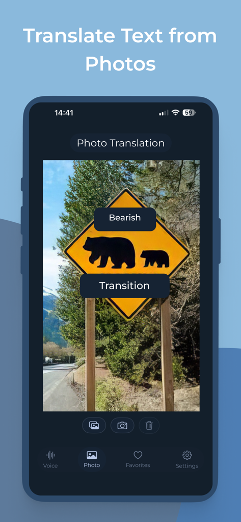 AI Translator Voice Offline - AI翻訳ボイスオフラインのフォト翻訳機能が、クマの警告標識に表示されているスマートフォ​​ン画面。