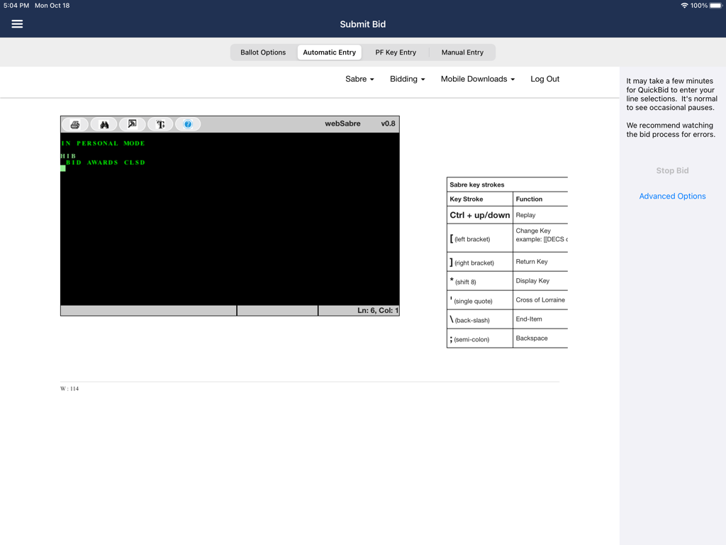 QuickBid - QuickBid iPad App Benutzeroberfläche für die automatische Einreichung von Bewerbungen für Flugbesatzungen, die den Sabre-Terminalbildschirm zeigt
