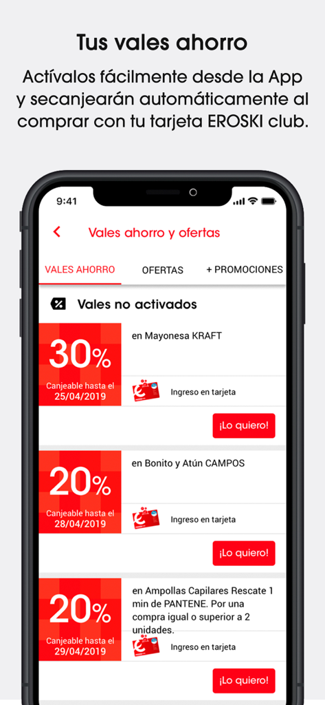 Interface da aplicação EROSKI Supermercados mostrando vales de poupança digitais e cupões personalizados