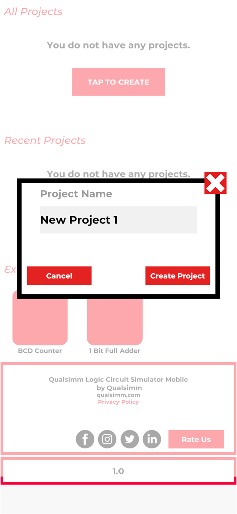 Logic Circuit Simulator - La ventana emergente de crear nuevo proyecto en la aplicación Simulador de Circuitos Lógicos.
