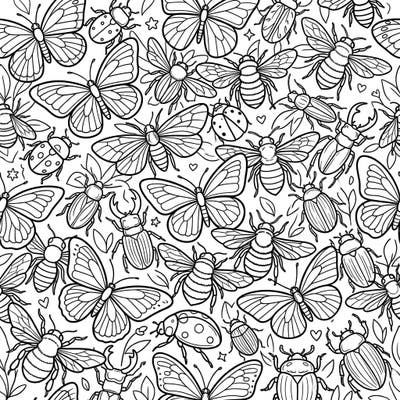 Explore a captivating array of insects with this intricate line art coloring page, featuring butterflies, bees, ladybugs, and beetles in a seamless pattern. This detailed design offers a relaxing and engaging artistic experience for all ages.