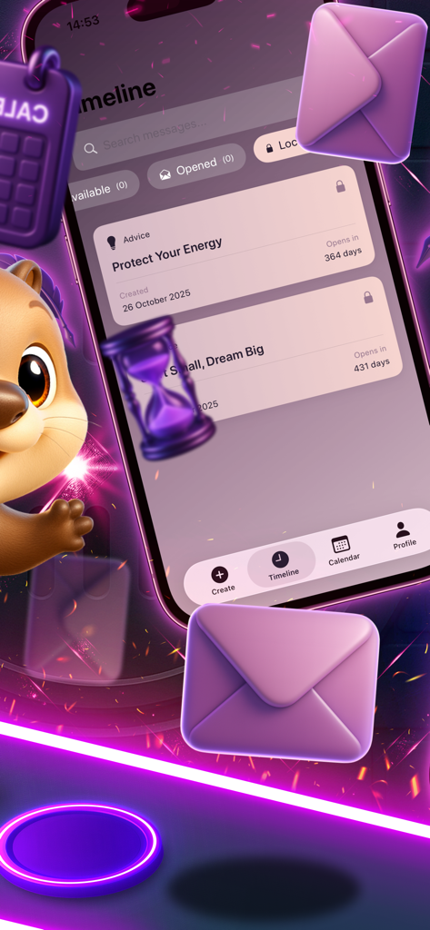 LaterSelf - LaterSelfアプリのインターフェース。自己反省と個人的な成長のためのカウントダウンが表示された、ロックされた未来のメッセージのタイムラインを示しています。