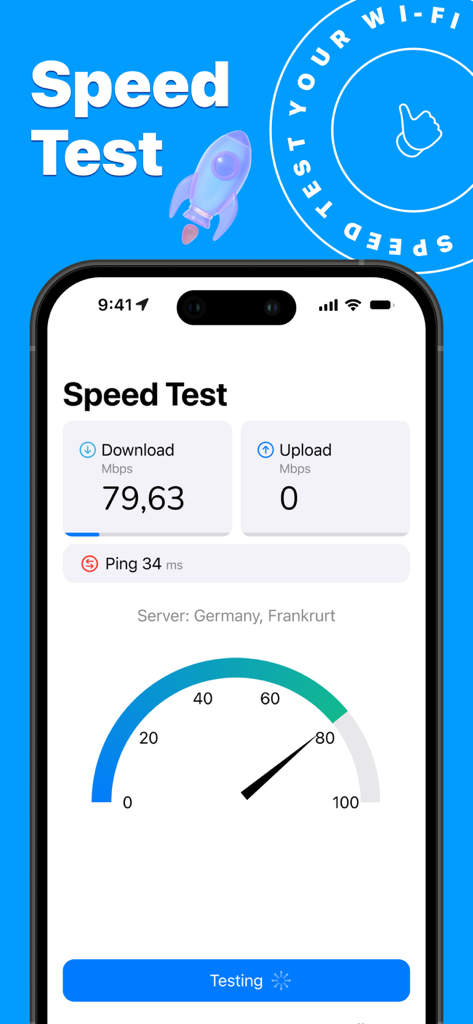 Cell Tower Locator 5G Finder - Mobile app interface displaying an internet speed test with download speed and network ping results