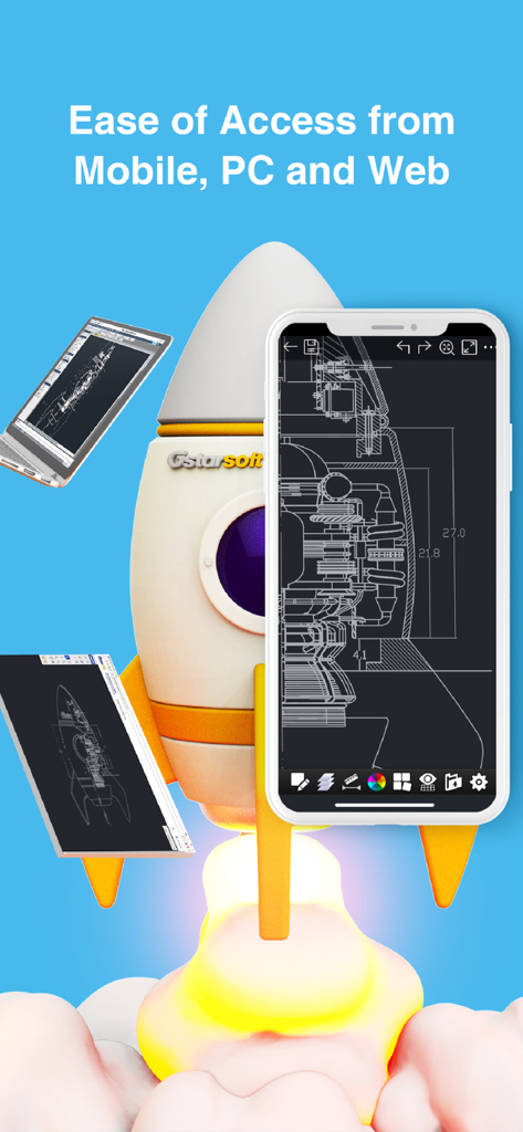 Interfaz de la aplicación DWG FastView Pro mostrada en pantallas de smartphone, tableta y portátil junto a una ilustración de un cohete