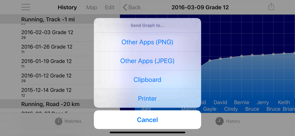 Ultimate Stopwatch - Export menu in Ultimate Stopwatch app showing options to share performance graphs and reports