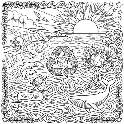 Explore the beauty of our oceans and the vital message of environmental care with this intricate seascape coloring page. Featuring marine life, coastal scenes, and powerful Earth Day symbols, it's a perfect activity to inspire conservation.