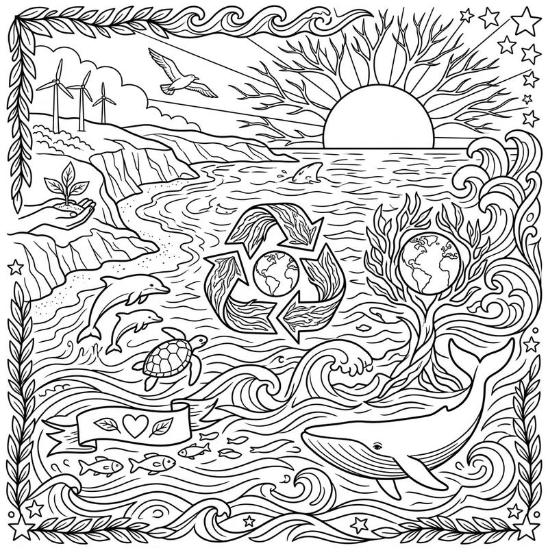 Explore the beauty of our oceans and the vital message of environmental care with this intricate seascape coloring page. Featuring marine life, coastal scenes, and powerful Earth Day symbols, it's a perfect activity to inspire conservation.