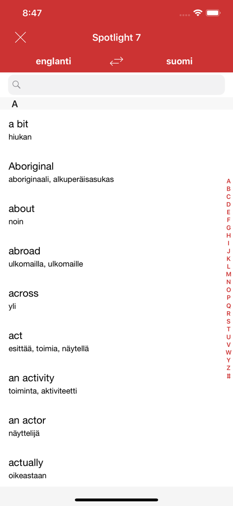 Sanoma Pro Sanastot - English to Finnish vocabulary list screen in the Sanoma Pro Sanastot app