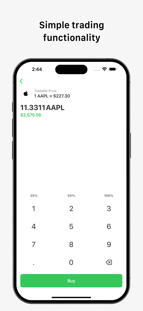 Vestin - Investment Simulator - A screenshot of the Vestin app showing the simple stock trading interface with a numeric keypad and a Buy button for Apple stock.