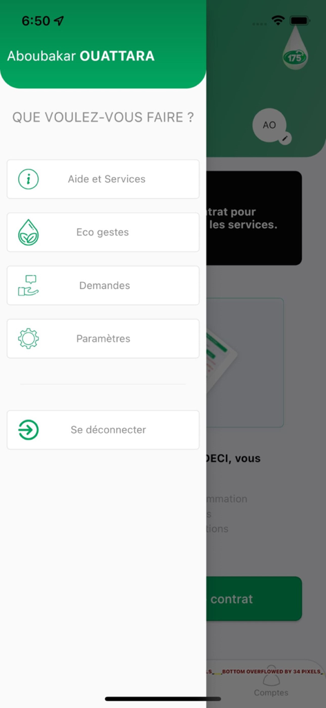 Ma SODECI en ligne - Side menu of the Ma SODECI en ligne mobile app displaying user options like help, requests, and settings.