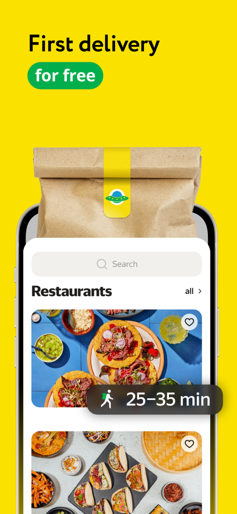 Express24: food & grocery - Express24 mobile app interface displaying a free first delivery promotion and a variety of restaurant food options