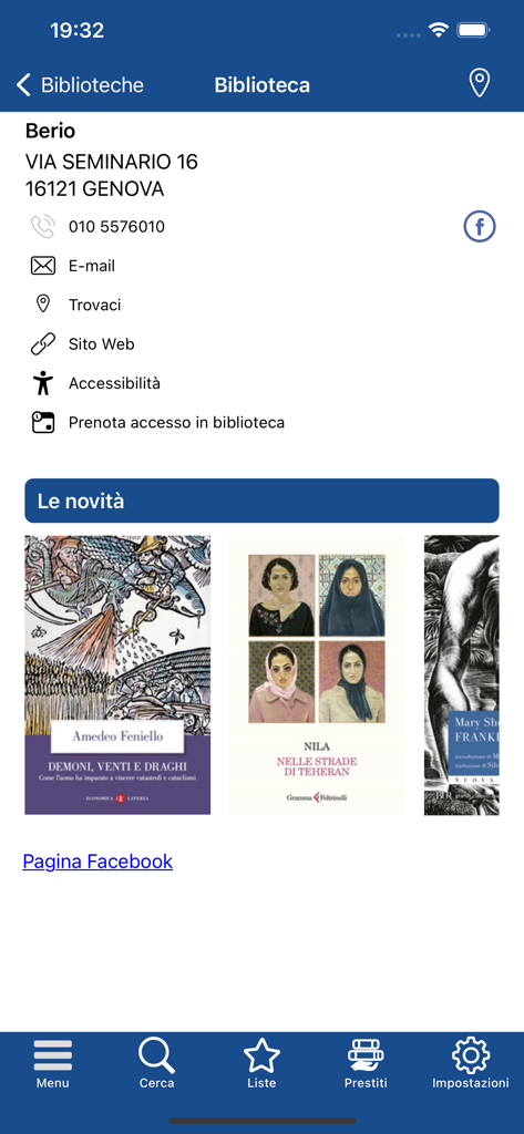Library information page in the biGmet app showing contact details and new arrivals for the Berio library in Genoa