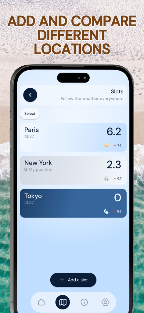 UV Index - Tan Widget - Interfaz de la aplicación Índice UV que muestra la intensidad solar para múltiples ciudades, incluidas París y Nueva York