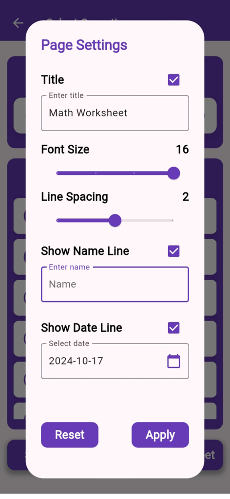Workbook Generator - Interface showing customization options for math worksheet layout including font size and name fields.