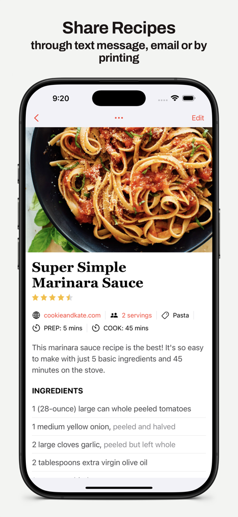 MealBoard - Meal Planner - MealBoard app displaying a marinara sauce recipe with details and options to share via text message or email