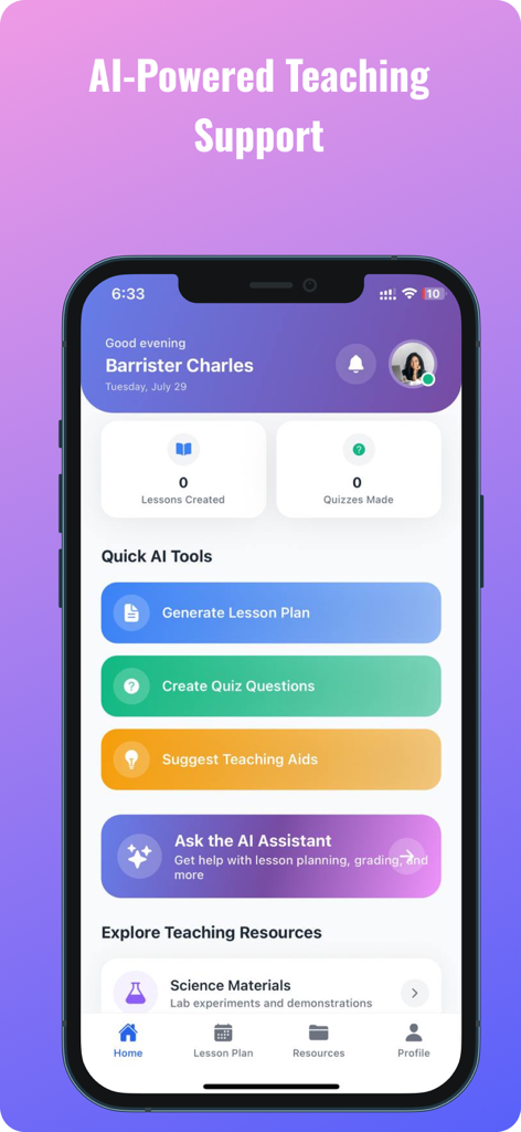 EduMate GH – GES AI Study App - EduMate GH app interface showing AI tools for teachers to generate lesson plans and create quizzes