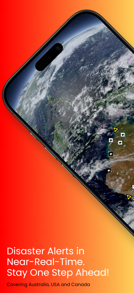 Bushfire.io: Natural Disasters - Bushfire.io app showing a global map with real-time disaster alerts on a smartphone screen.