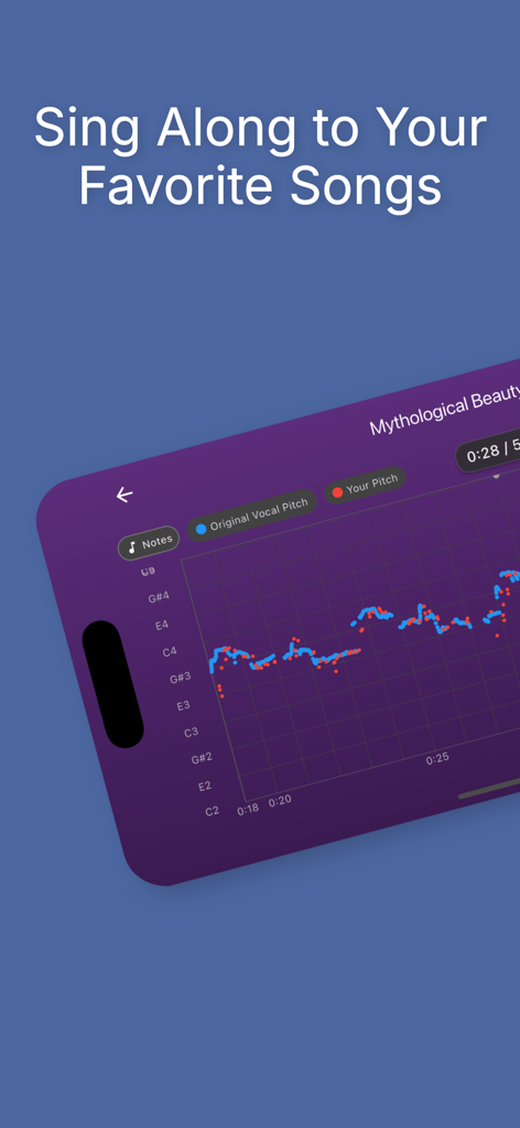 Pitchy - Sing On Pitch - A screenshot of the Pitchy app showing a real-time pitch chart comparing original vocals with user performance.