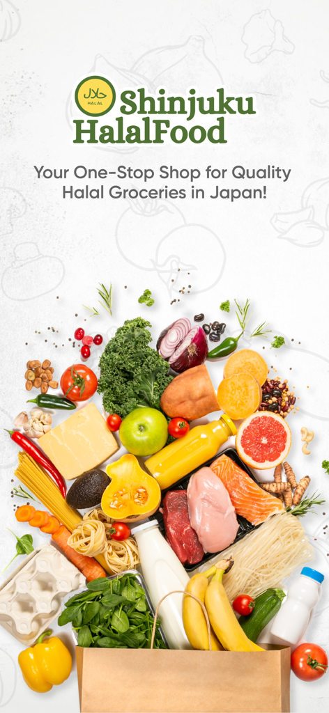 Shinjuku Halal Food - 新宿ハラルフードのプロモーション画面。野菜、肉、果物を含むさまざまな新鮮な食料品が表示されています。