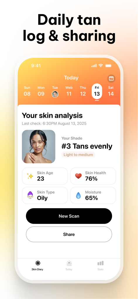 SunRay Tanning Routine App - User interface of the SunRay Tanning Routine app displaying a personalized skin analysis report with skin age, health, and moisture metrics