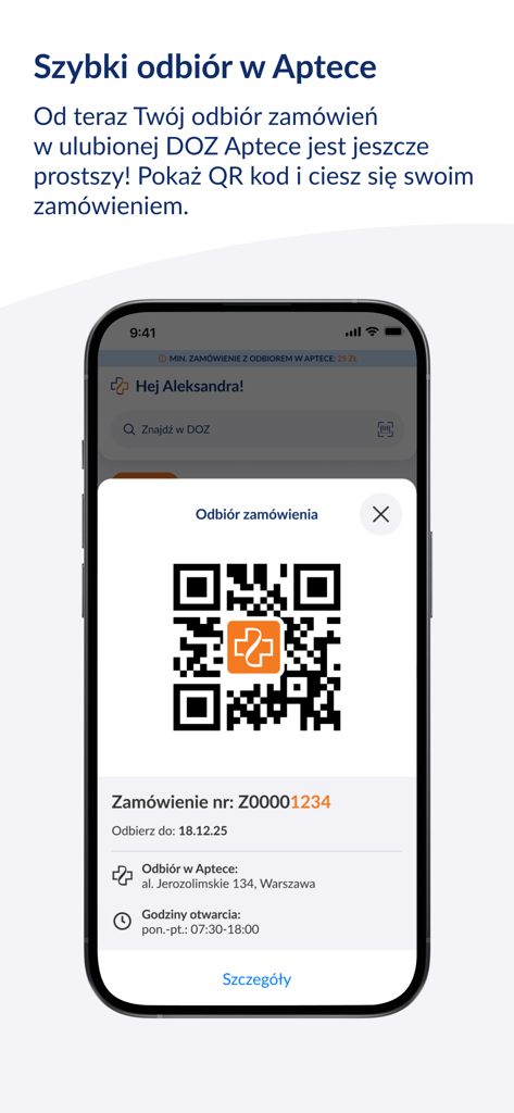 QR code for quick pharmacy order pickup displayed on the DOZ.pl mobile app