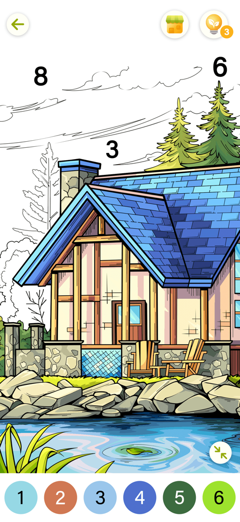 Interface du jeu de coloriage par numéro montrant une illustration réaliste d'une cabane au bord du lac avec de grands numéros à colorier.