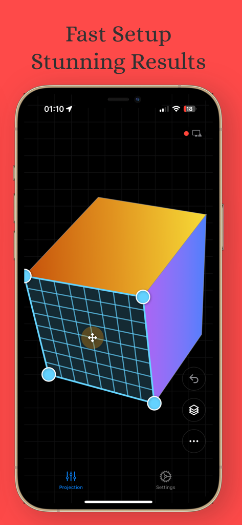Pro Mapper app interface on iPhone showing a 3D cube surface mapping grid.