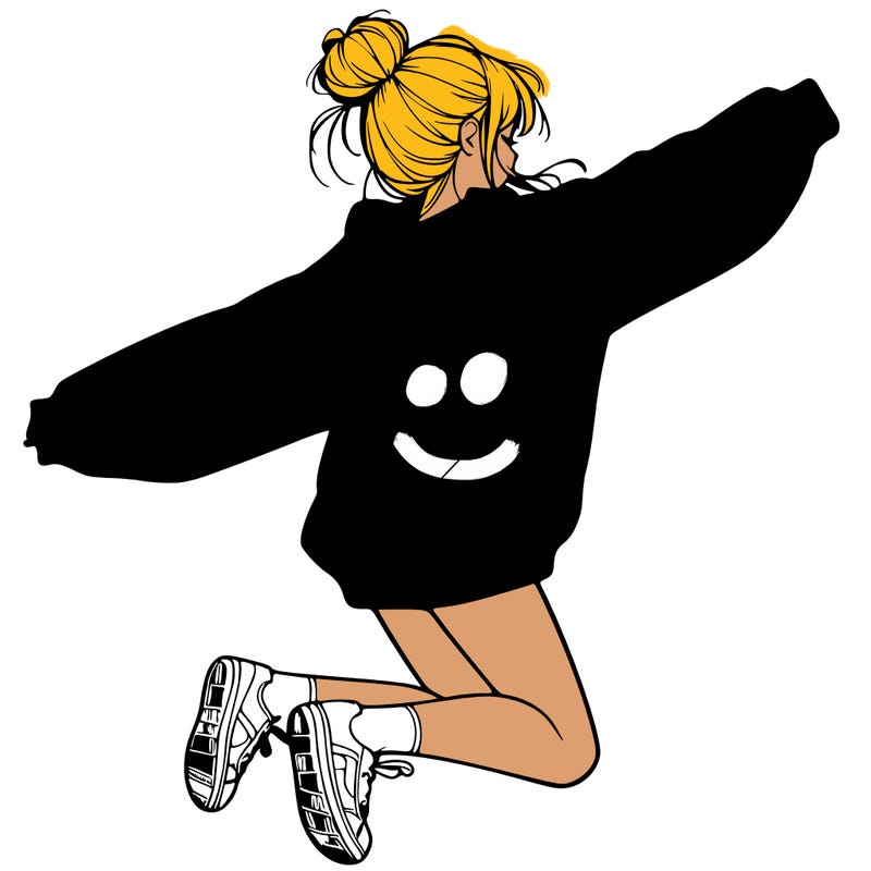 realistic girl jumping with a bun and oversized sweatshirt