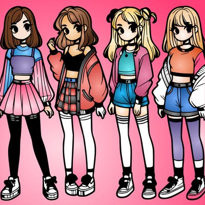 one girl with crop-top shirt and a jacket with a skirt, long socks and another girl with a shirt and pants with a jacket