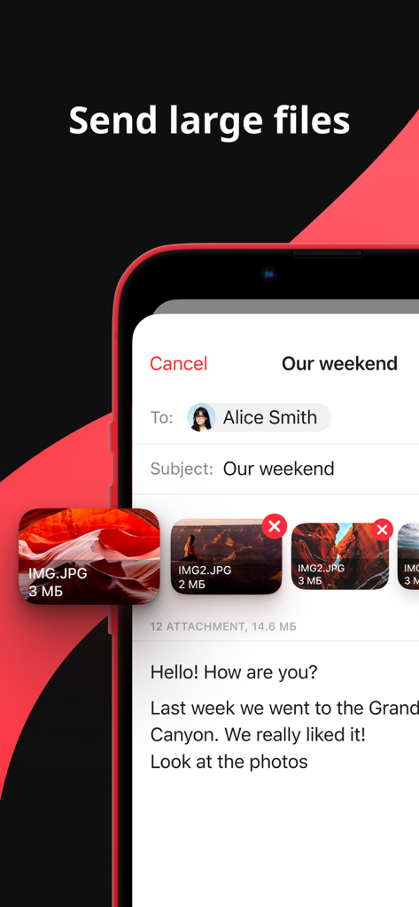 Interface of the myMail app showing an email draft with multiple large image attachments being sent to a contact