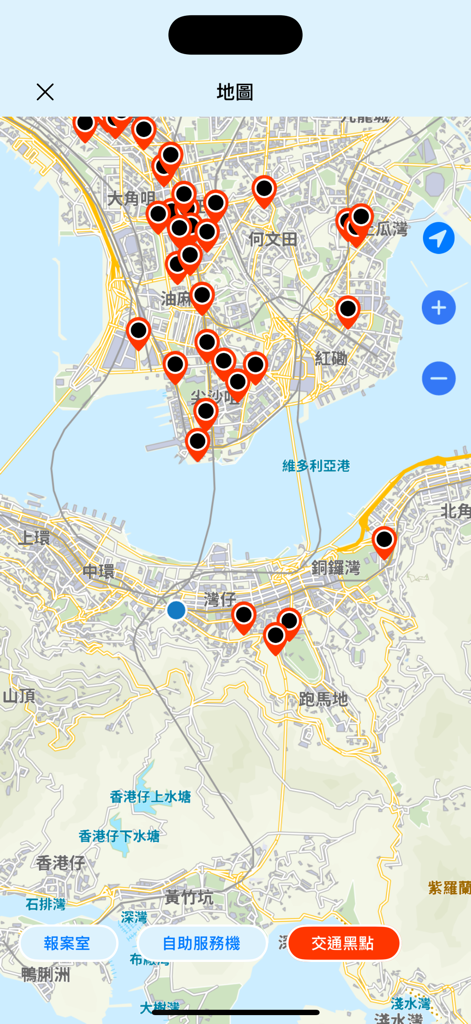 Hong Kong Police Mobile App - Map view of the Hong Kong Police Mobile App showing various police stations and traffic blackspots across the city.