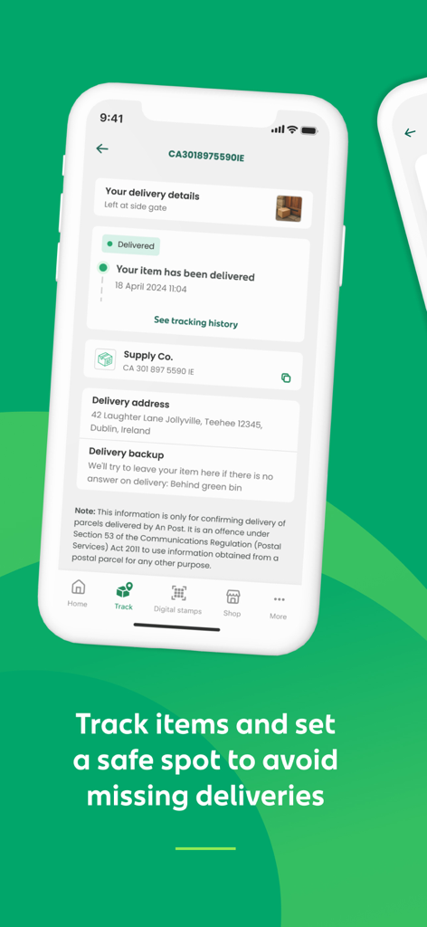 An Post: Track & Manage - An Post app interface displaying a delivered parcel status with delivery location details and backup instructions