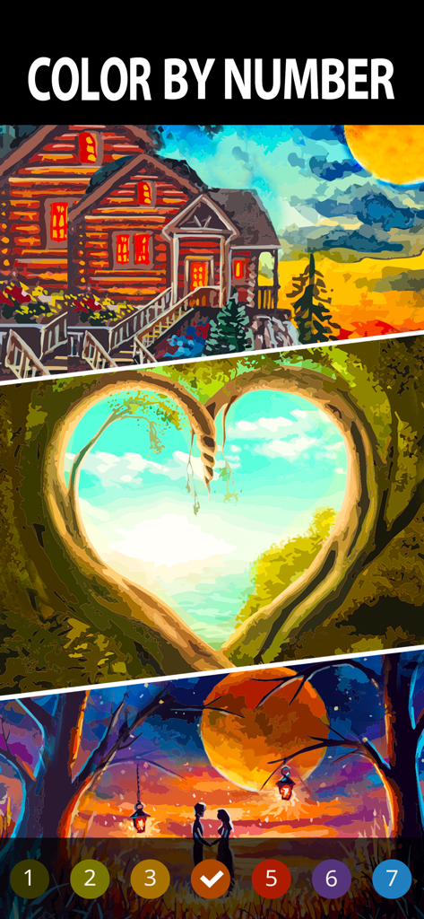 Color by number game interface featuring oil painting style landscapes and a numbered palette for coloring.